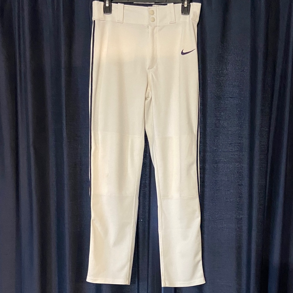 Nike Dry-Fit Youth White Baseball Pants with Navy Piping